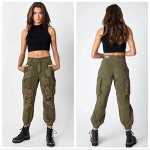 LF Carmar Denim Olive Green Distressed Cargo Pants